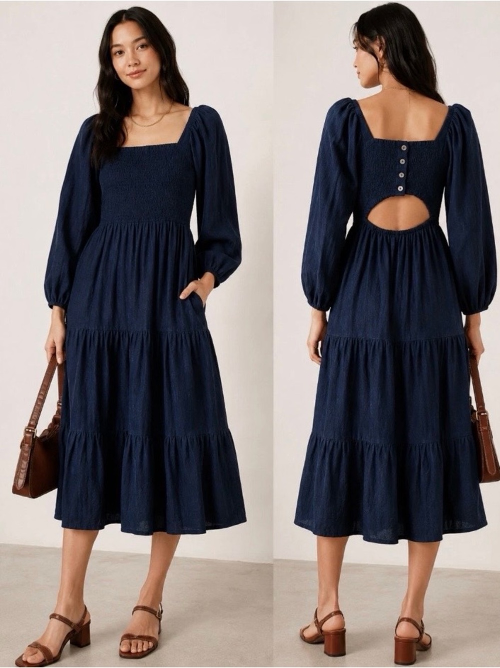 Madewell Smocked Midi Dress M Navy Blue Eyelet Tiered Cut Out Back Dark Romantic